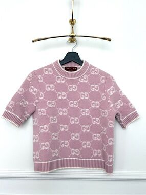 Gucci Pink GG Jacquard Knit Short Sleeve Top S